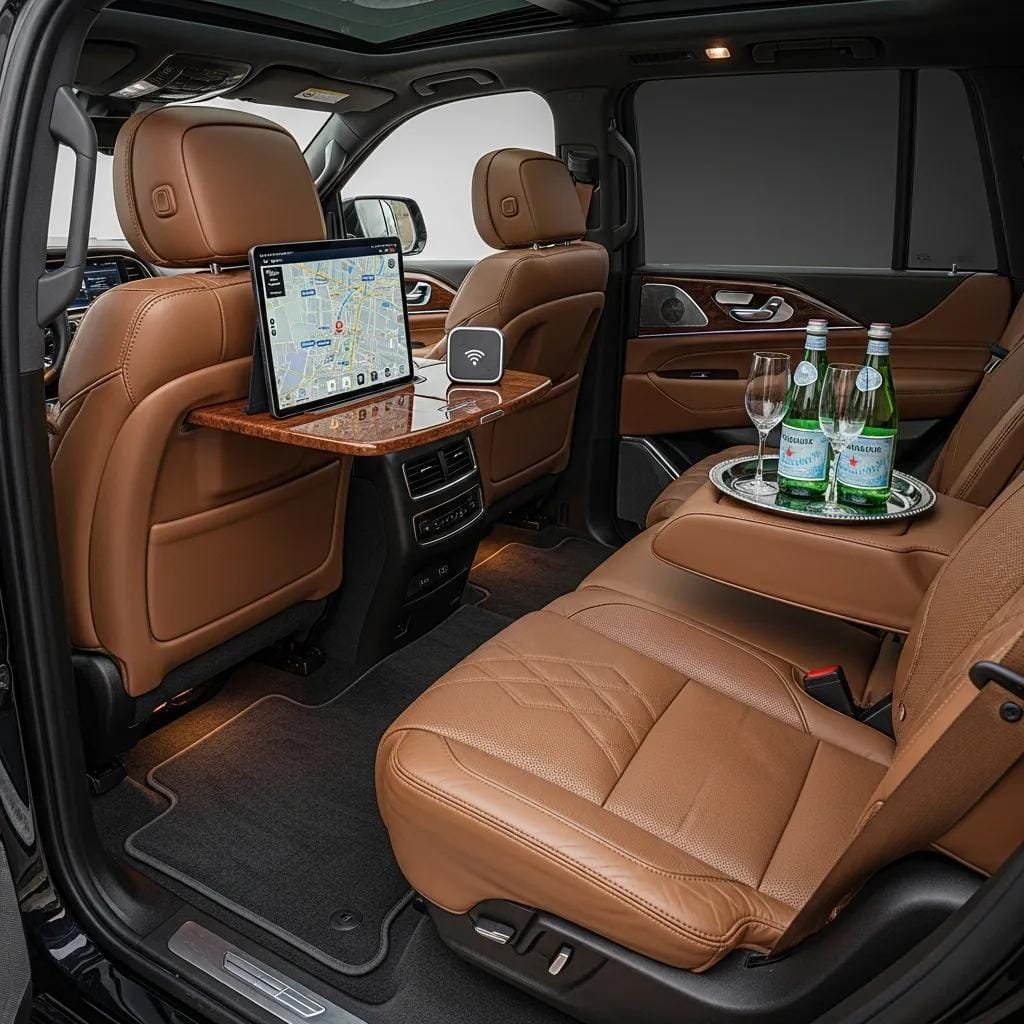Interior of a luxury SUV highlighting comfort and amenities for real estate agents