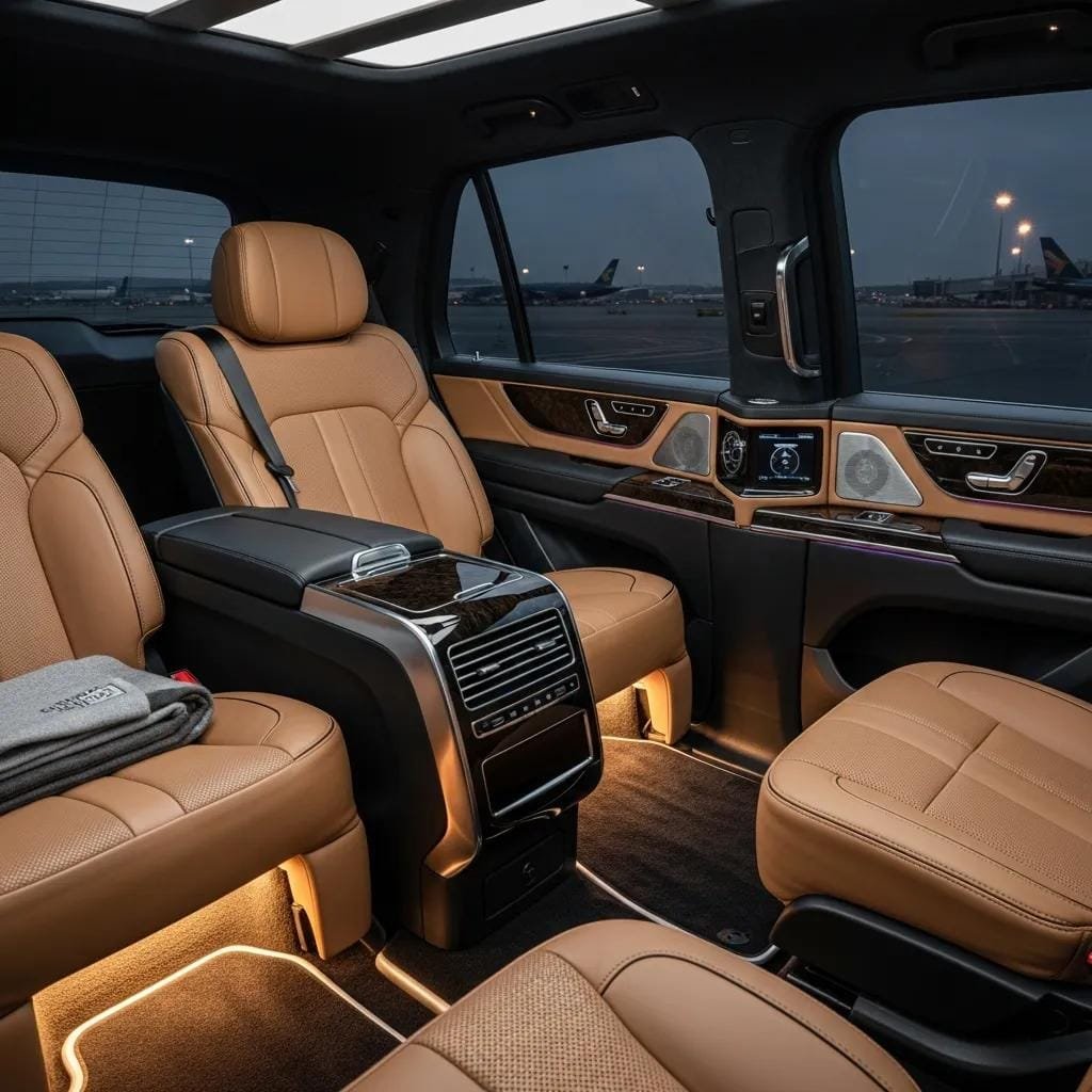 Luxury SUV interior showcasing comfort and amenities for VIP airport transfers