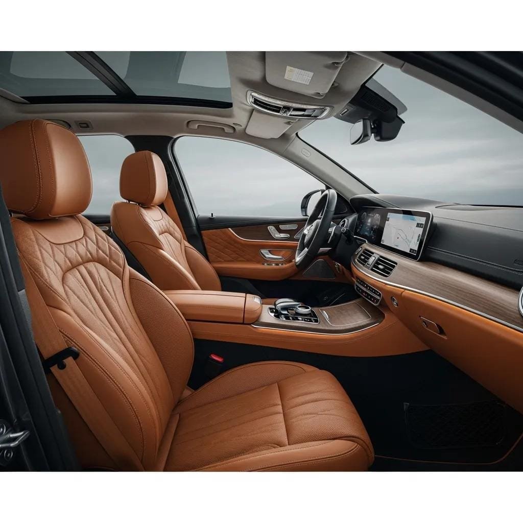 Luxury SUV interior with leather seats and ambient lighting — comfort and safety in transit