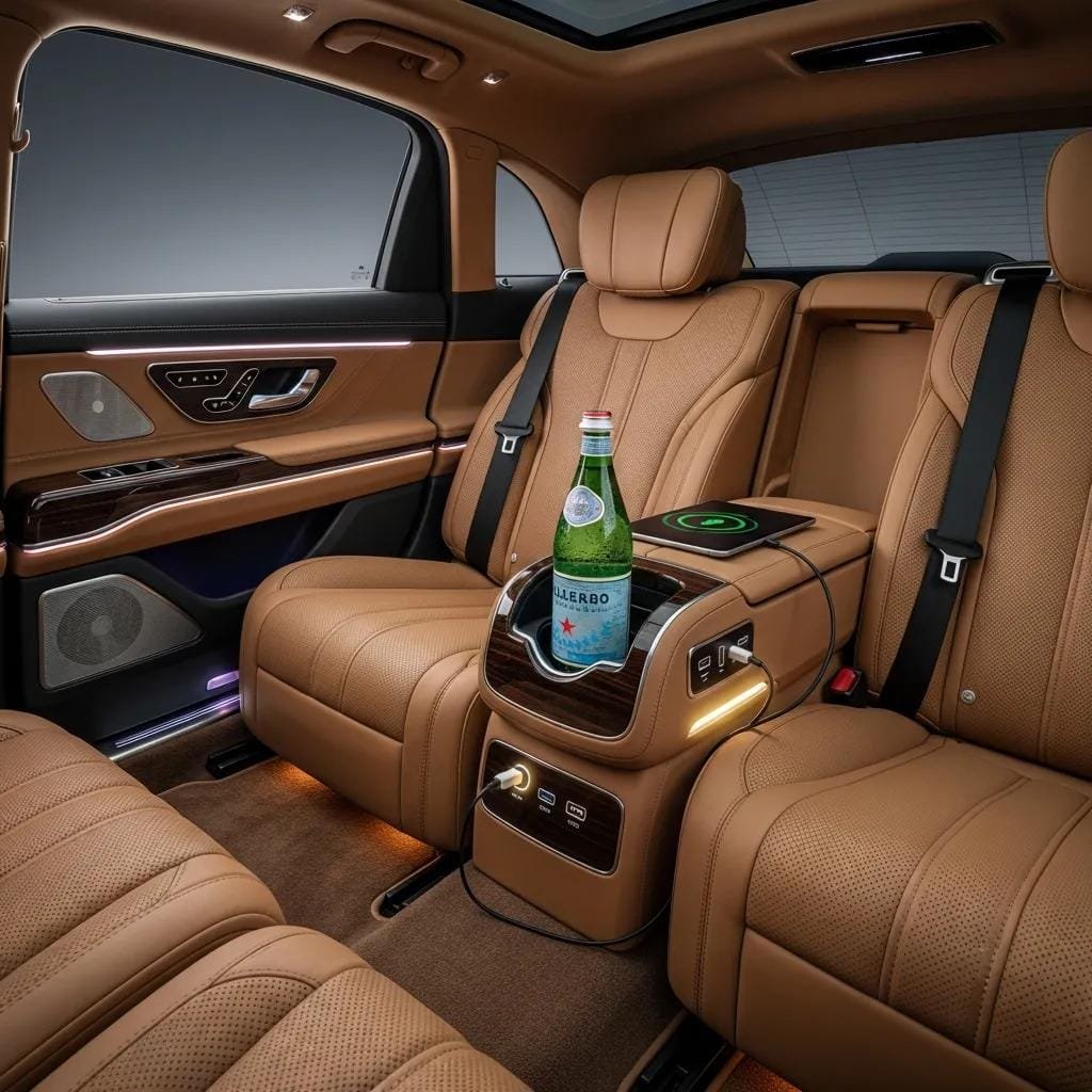 Interior of a luxury vehicle with bottled water, charging ports and refined amenities