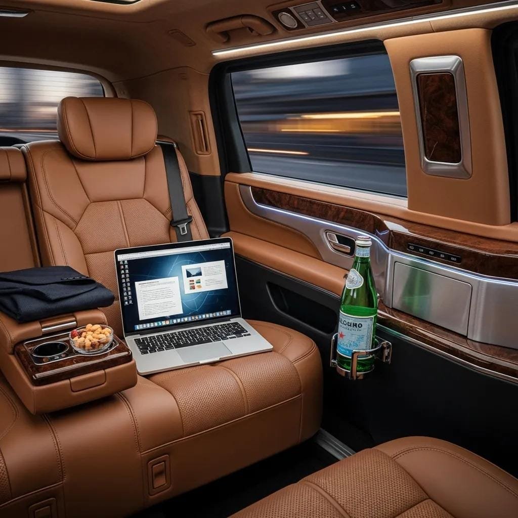 Luxury vehicle interior with leather seating and refreshments for business travel