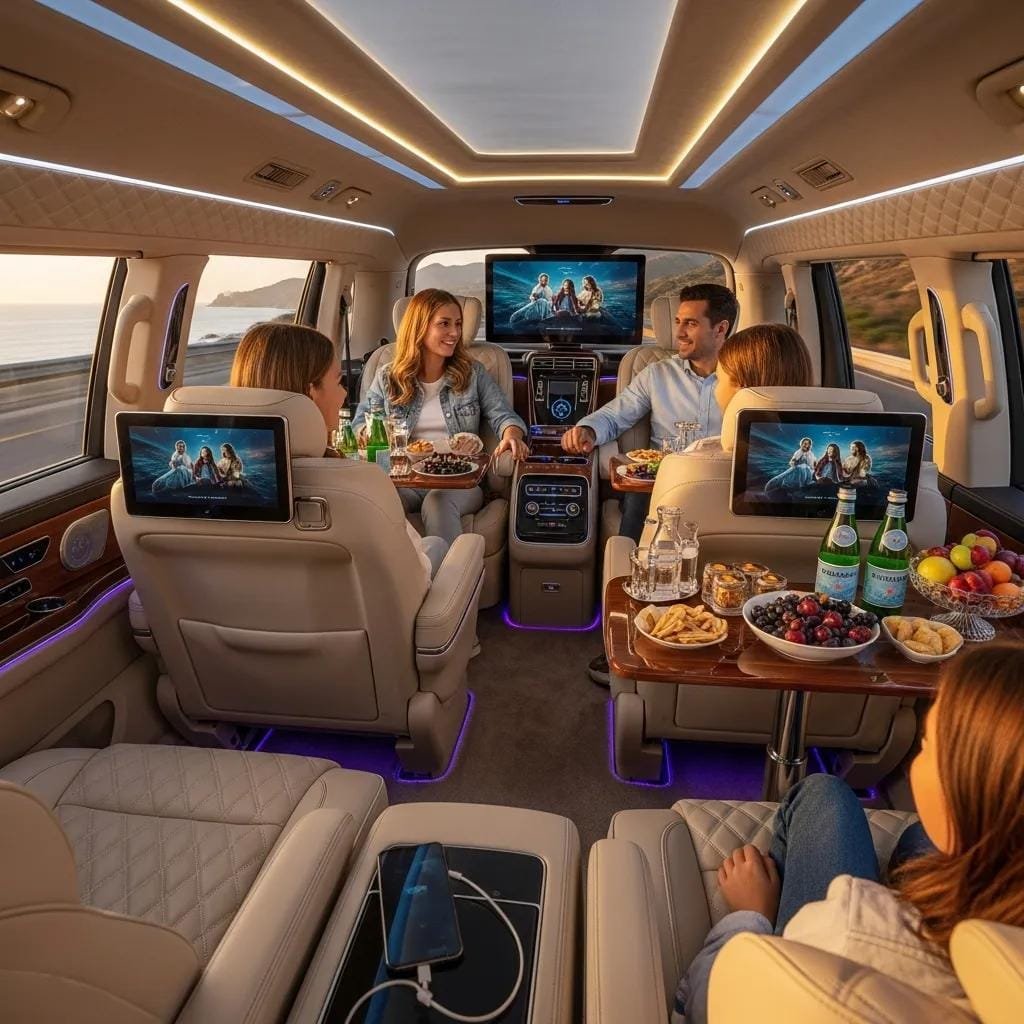 Luxury vehicle interior with comfortable seating and family-friendly amenities