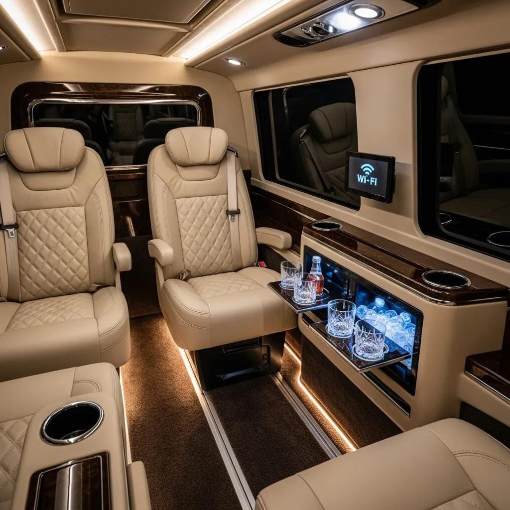 Interior of a luxury vehicle showing comfort and onboard amenities for VIP travel