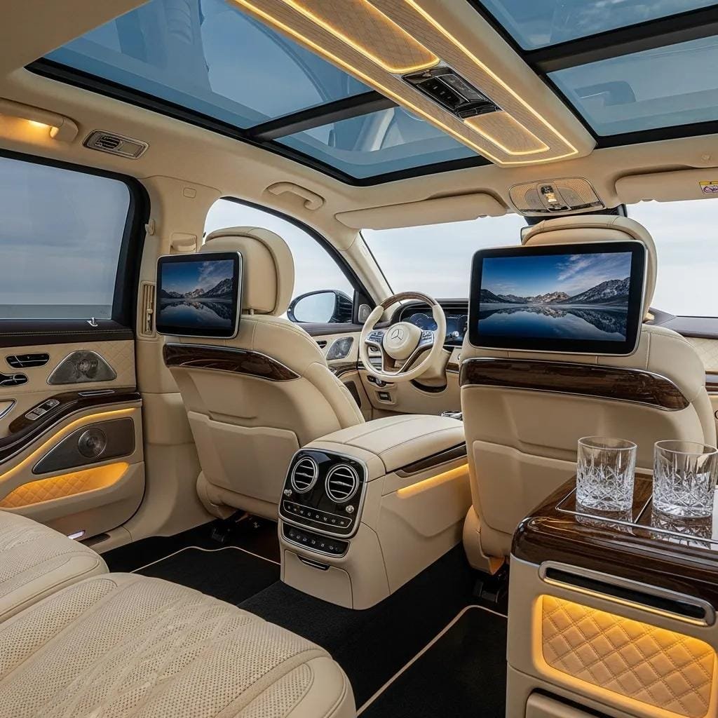 Luxurious vehicle interior with plush seating and modern amenities