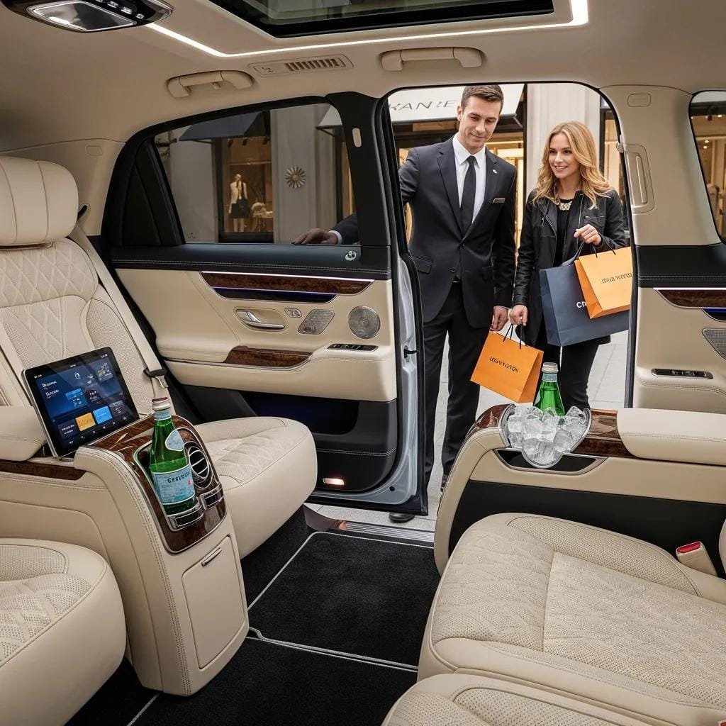 Interior of a luxury vehicle with chauffeur and amenities for VIP shopping in Orange County