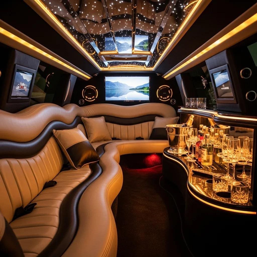 Interior view of a stretch limousine with plush seating and luxury amenities
