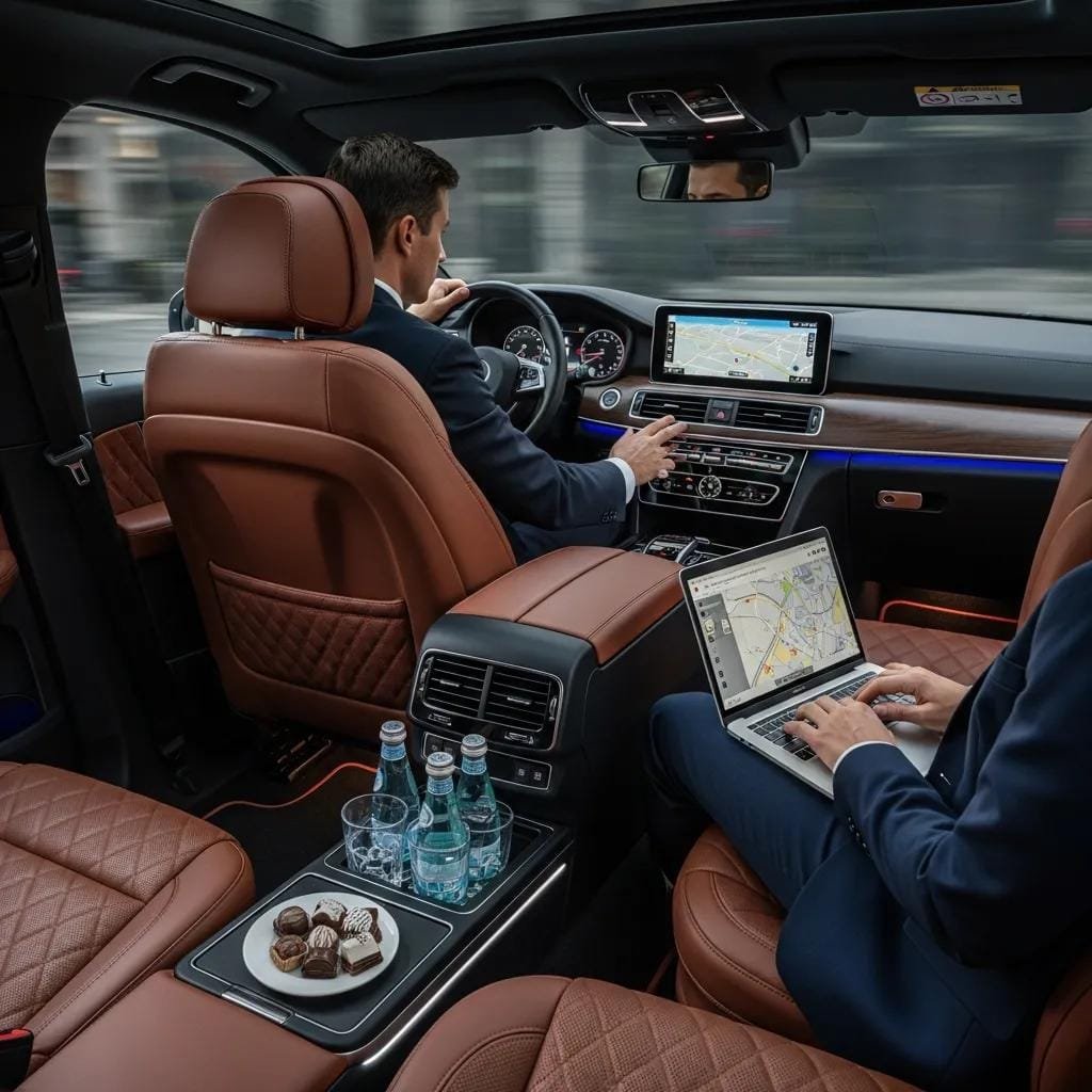 Luxury SUV interior with chauffeur and passenger — executive comfort and productivity