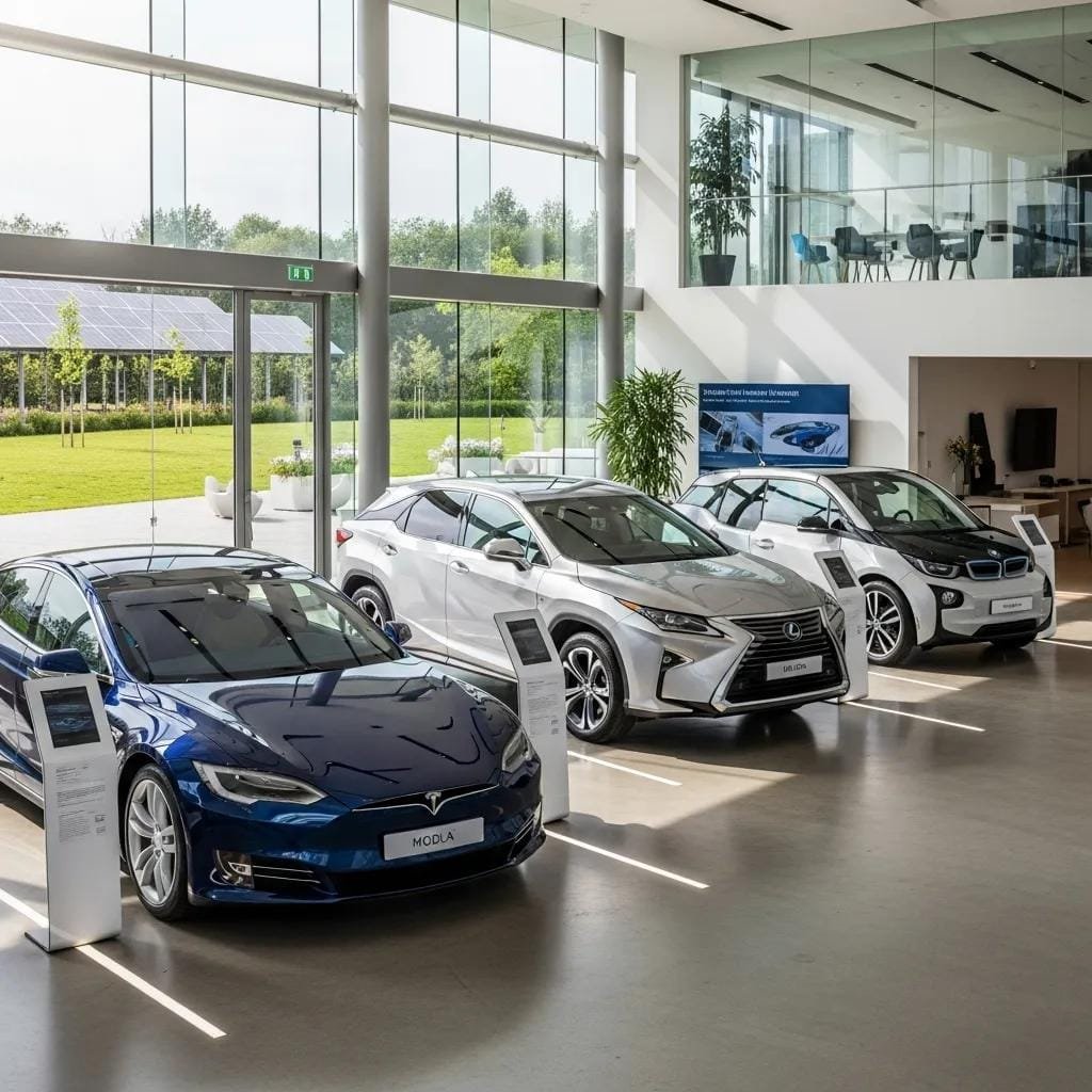 Lineup of electric and hybrid luxury vehicles in an upscale setting