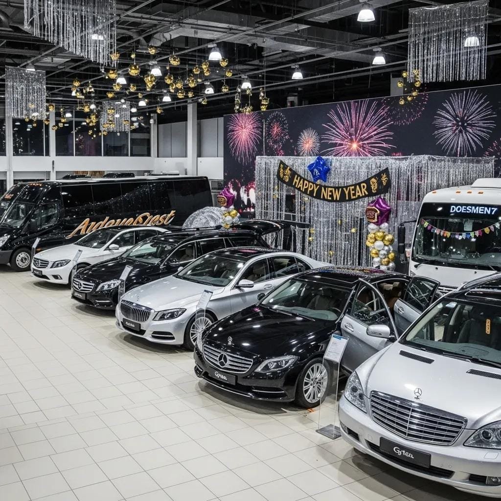 Lineup of luxury vehicles from AAA Luxury Car Group, showing options for New Year's Eve transportation