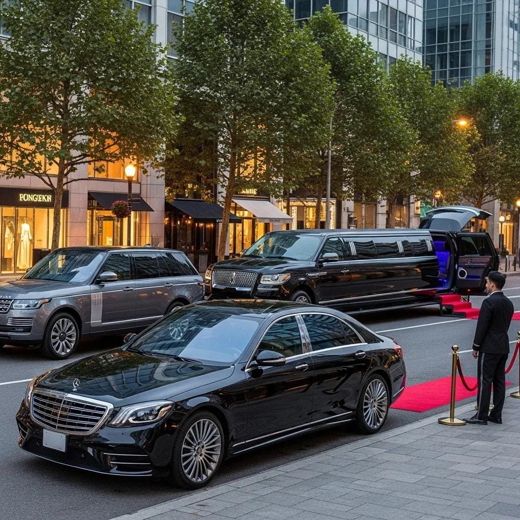 Lineup of luxury vehicles — sedan, SUV and limousine — showcasing premium fleet options