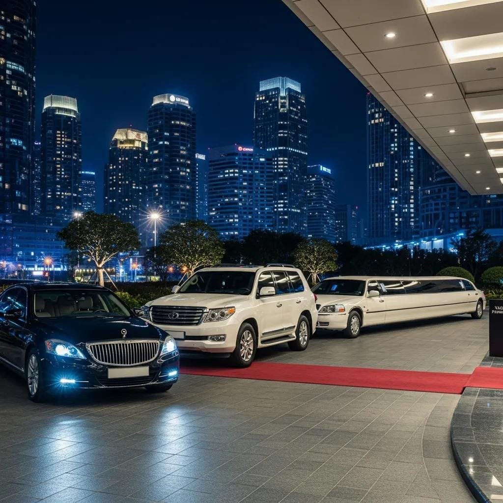 Lineup of luxury sedan, SUV, and limousine — vehicle choices for dinner and nightlife