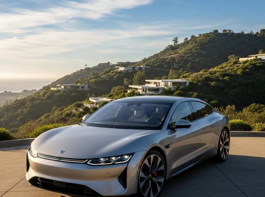 Luxurious electric car in a scenic Orange County landscape representing sustainable luxury transportation