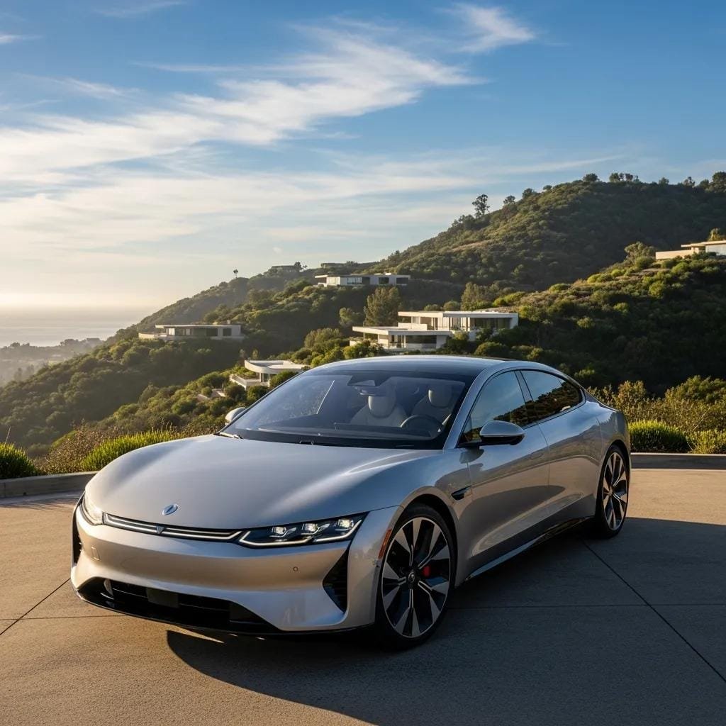 Luxurious electric car in a scenic Orange County landscape representing sustainable luxury transportation