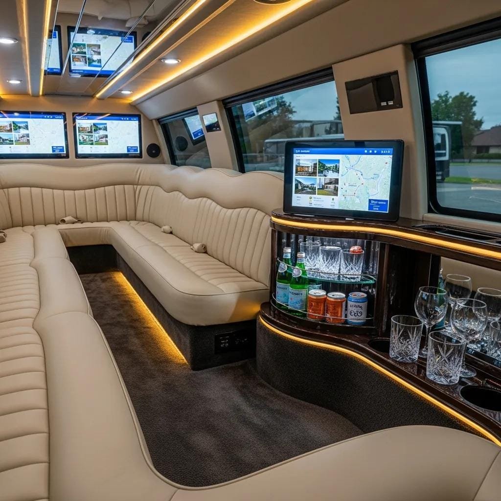 Luxurious limousine interior designed for group property tours, emphasizing comfort and elegance