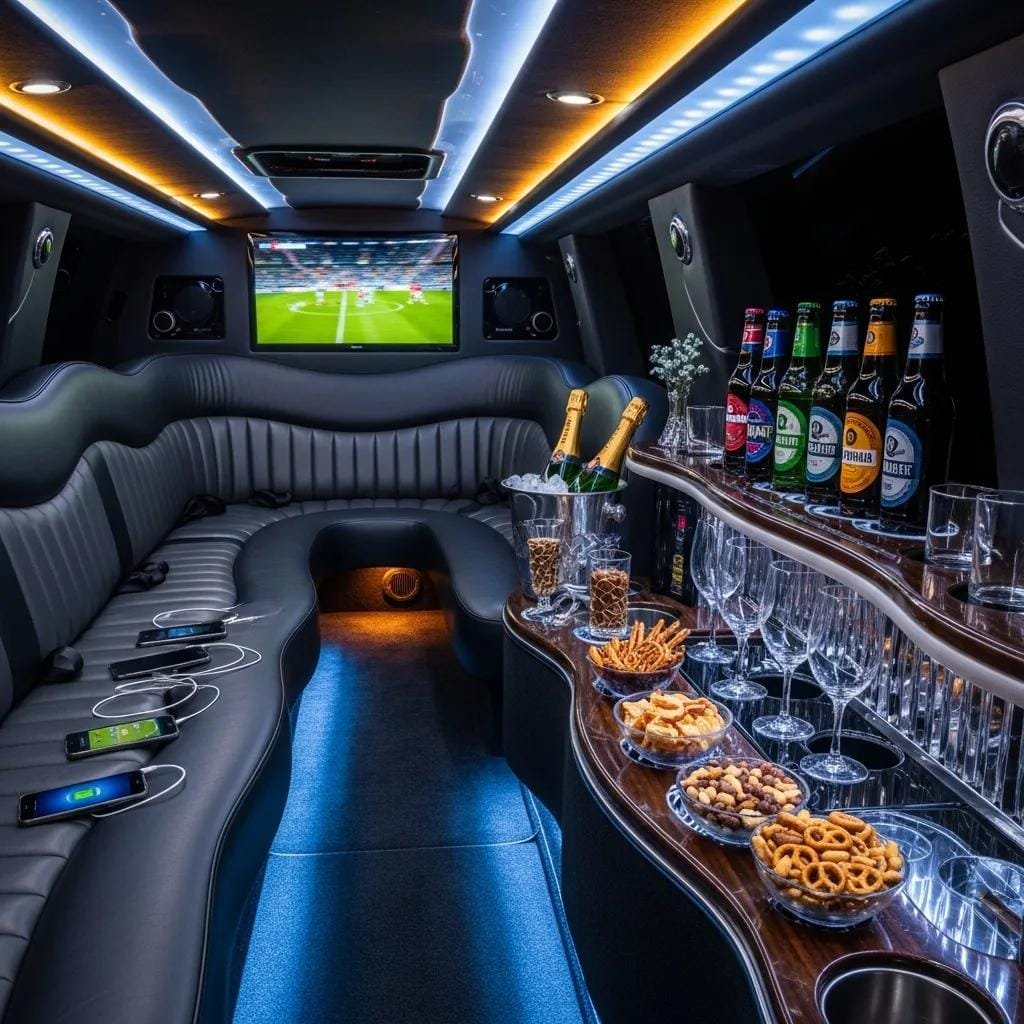 Limousine interior with leather seating and ambient lighting