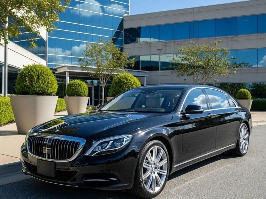 Luxury black sedan in front of a corporate building, representing premium transportation options