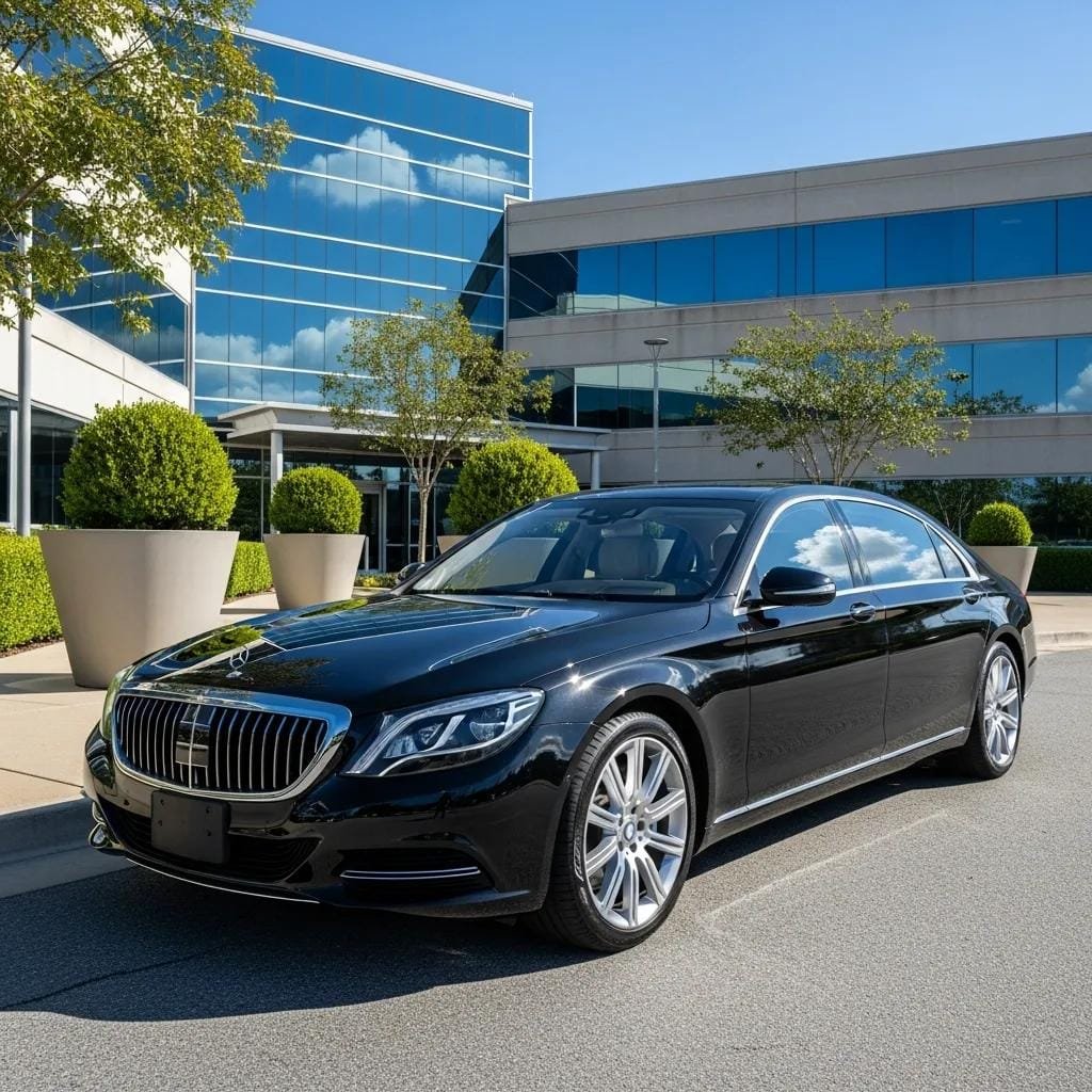 Luxury black sedan in front of a corporate building, representing premium transportation options