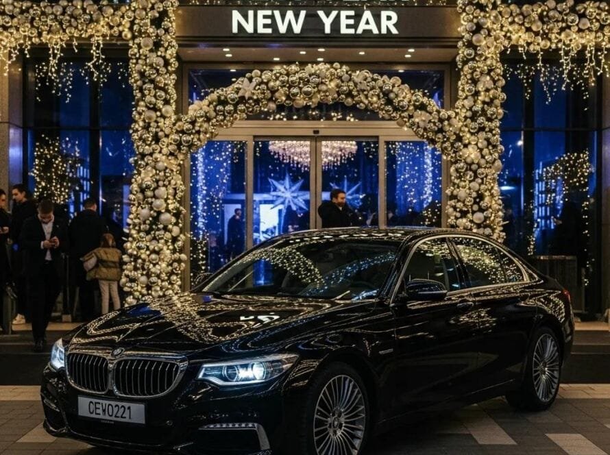 Luxury black sedan in front of a festive New Year's Eve venue, symbolizing premium transportation