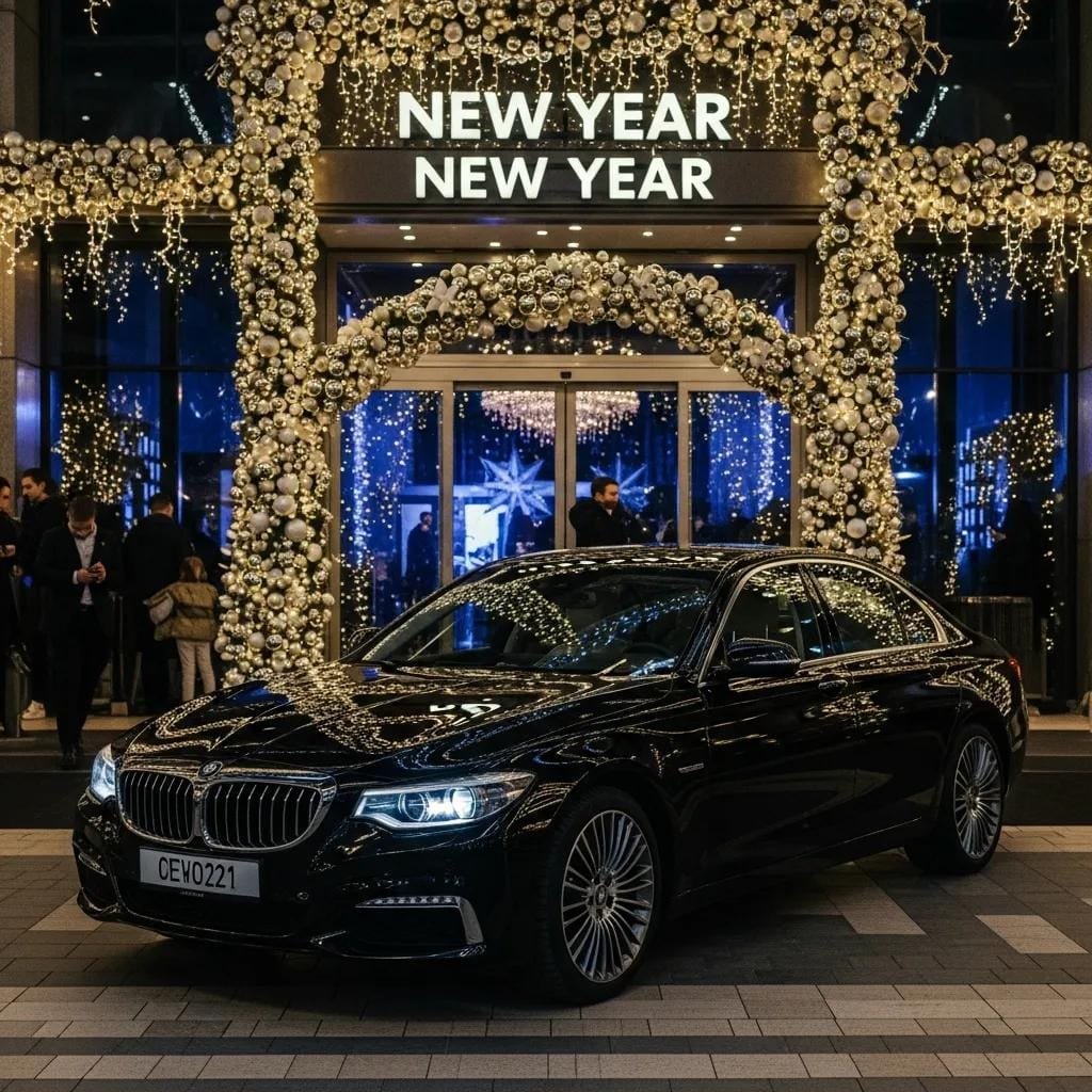 Luxury black sedan in front of a festive New Year's Eve venue, symbolizing premium transportation