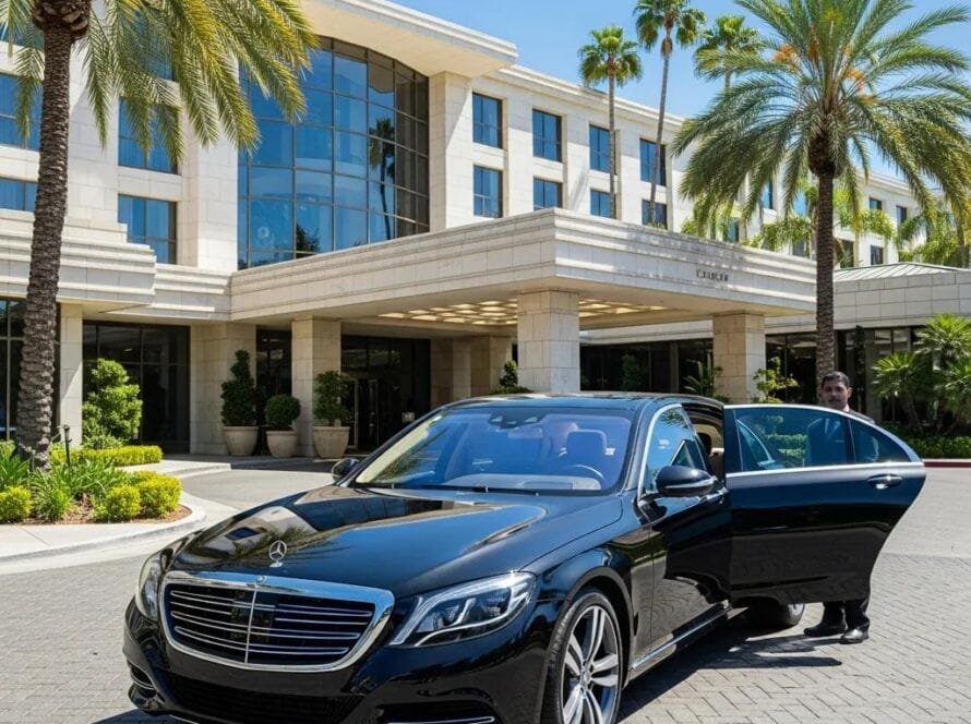 Luxury black sedan in front of a high-end hotel in Orange County, representing premium travel experiences