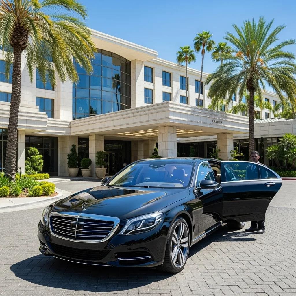 Luxury black sedan in front of a high-end hotel in Orange County, representing premium travel experiences