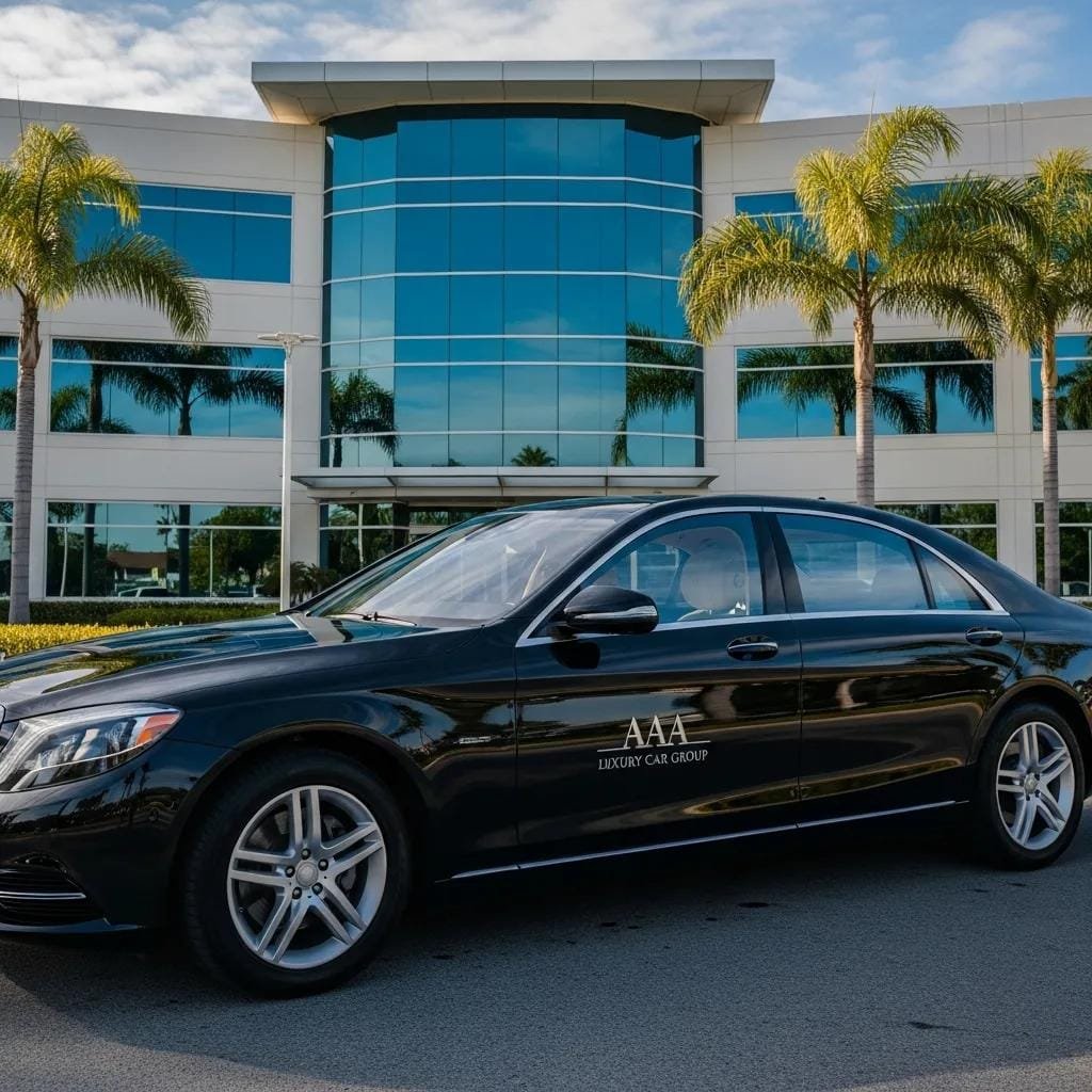 Luxury black sedan in front of a modern office building in Orange County, representing premium car service for business travelers