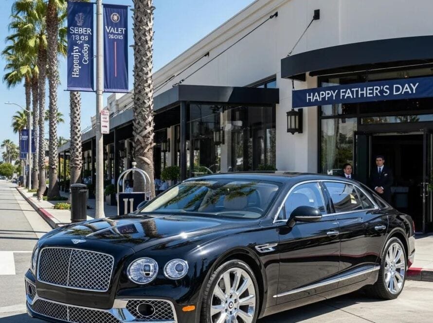 Luxury black sedan in front of an upscale restaurant in Orange County, representing premium car service for Father's Day