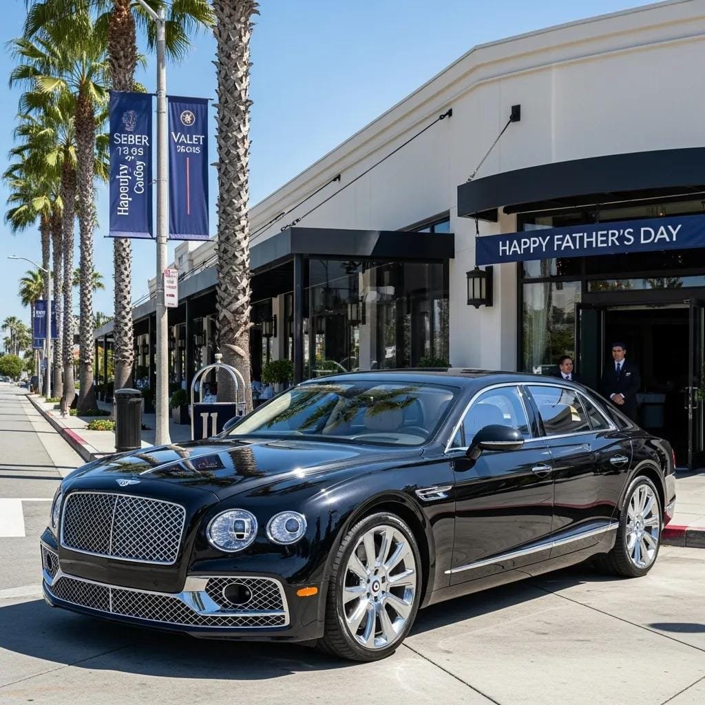 Luxury black sedan in front of an upscale restaurant in Orange County, representing premium car service for Father's Day