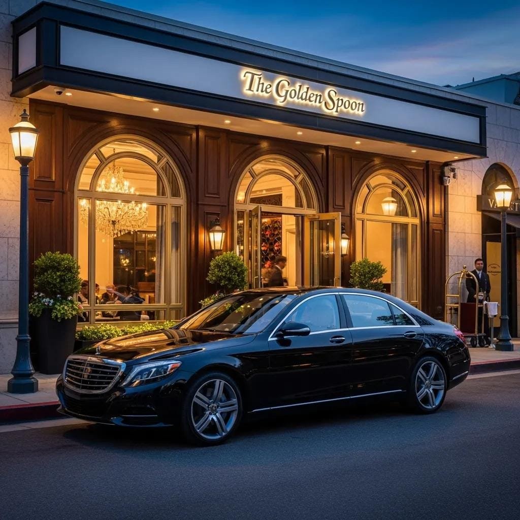 Luxury black sedan parked outside a fine dining restaurant in Orange County, emphasizing elegance and VIP dining transportation