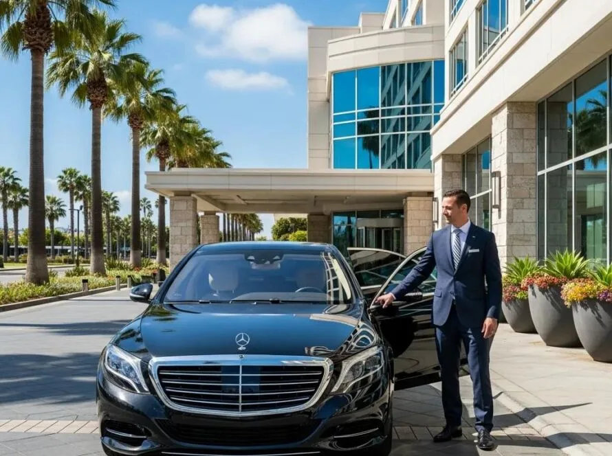 Luxury car service with a chauffeur at a hotel entrance in Orange County