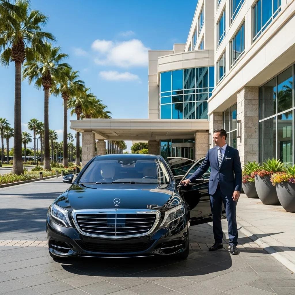 Luxury car service with a chauffeur at a hotel entrance in Orange County