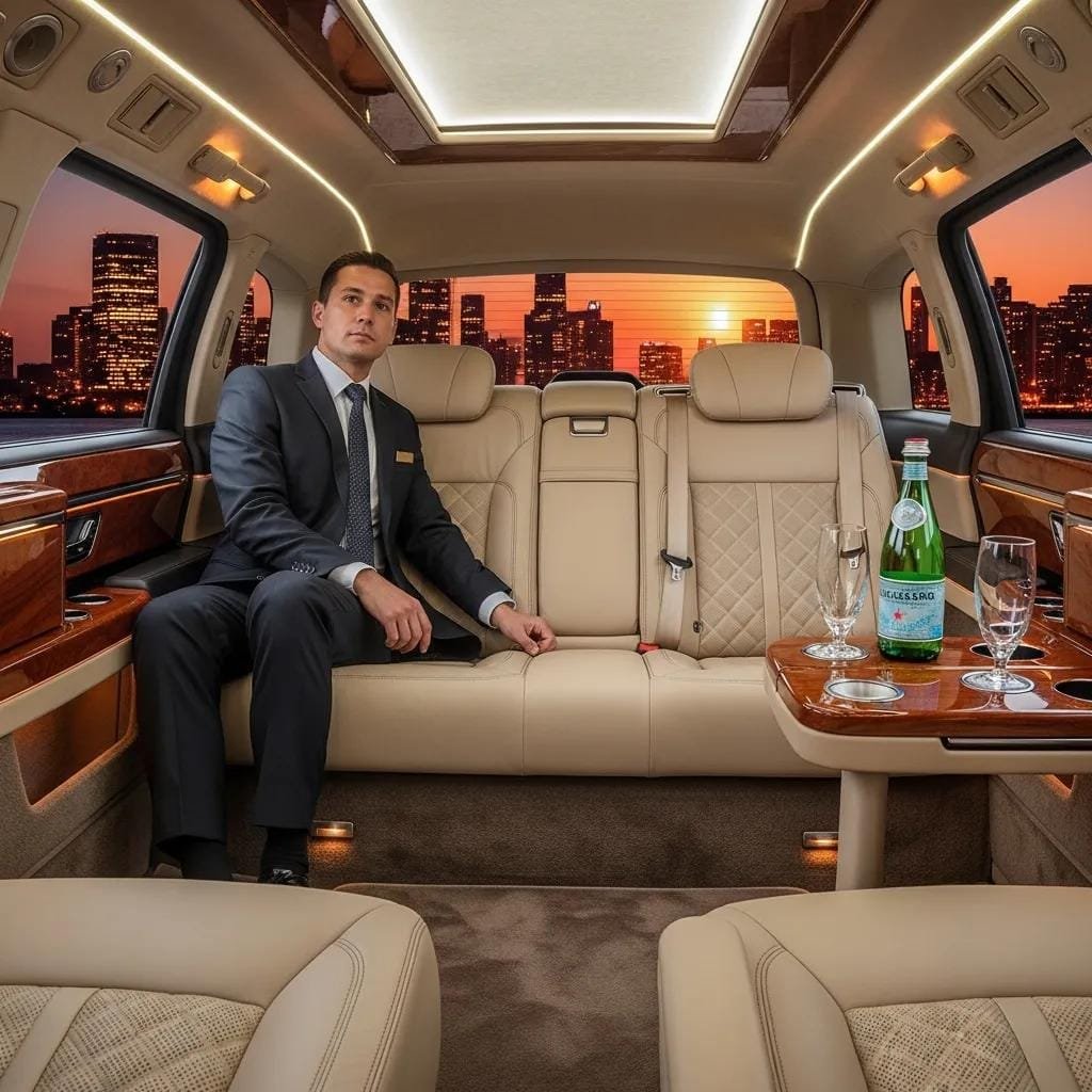 Luxury chauffeur service interior with elegant seating and city skyline view