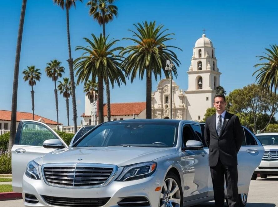 Luxury chauffeur service vehicle in Orange County with scenic backdrop