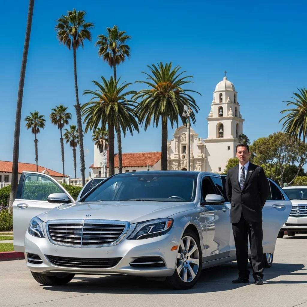 Luxury chauffeur service vehicle in Orange County with scenic backdrop