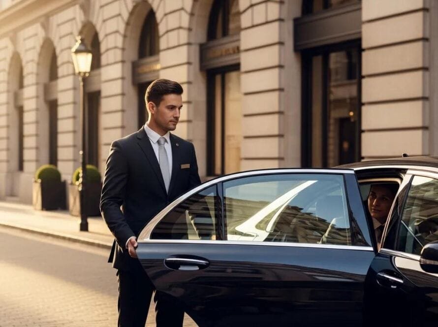 Luxury chauffeur service with a well-dressed driver opening a luxury sedan door in an upscale urban setting
