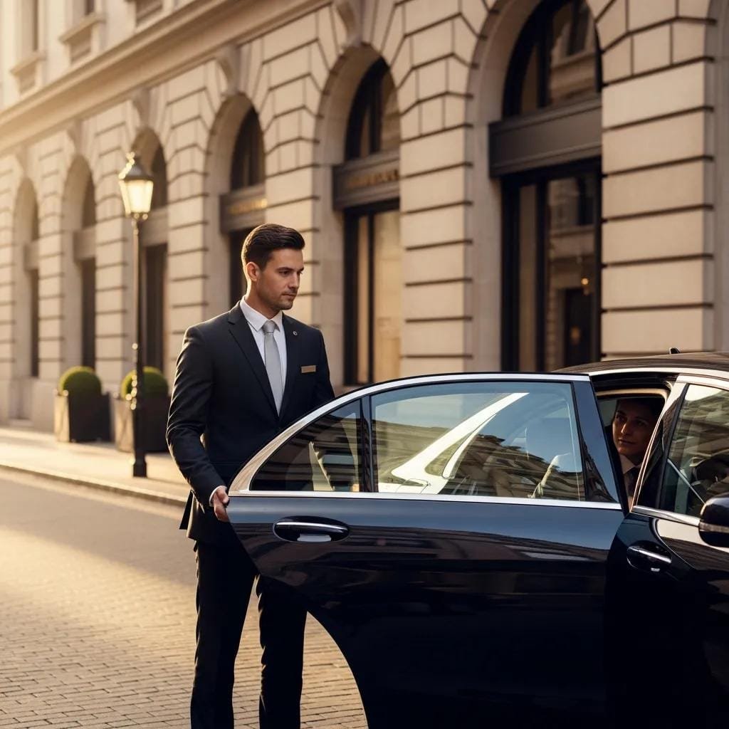 Luxury chauffeur service with a well-dressed driver opening a luxury sedan door in an upscale urban setting