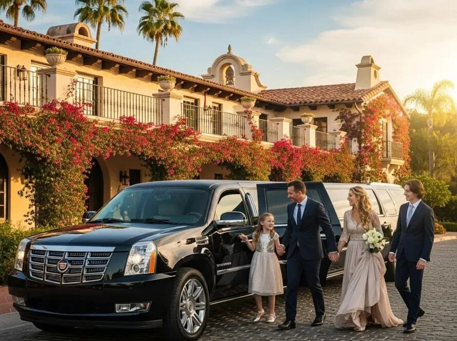 Luxury family transportation vehicle in Orange County with a family celebrating