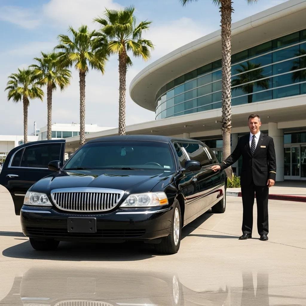 Luxury limousine at airport terminal representing premium transportation services in Orange County