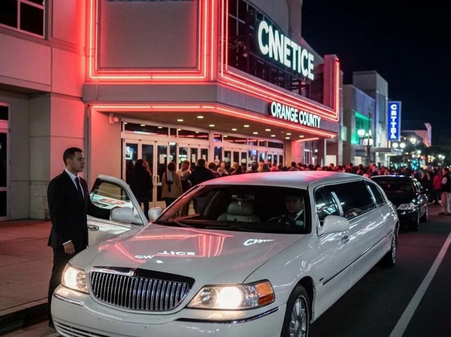 Luxury limousine outside a concert venue in Orange County, highlighting premium transportation services