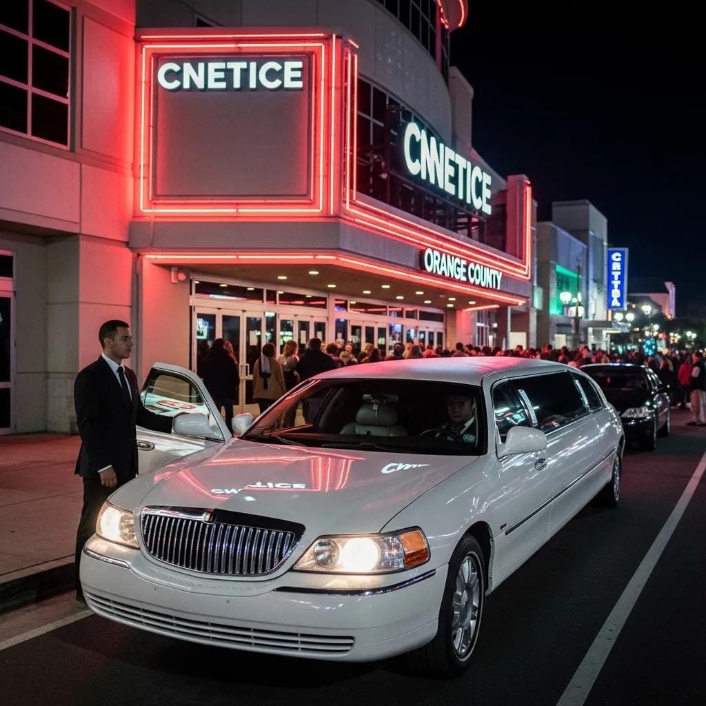 Luxury limousine outside a concert venue in Orange County, highlighting premium transportation services
