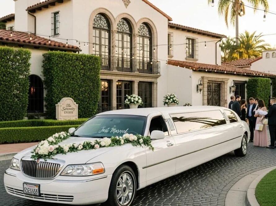Luxury limousine outside a wedding venue in Orange County, emphasizing elegant transportation for special occasions