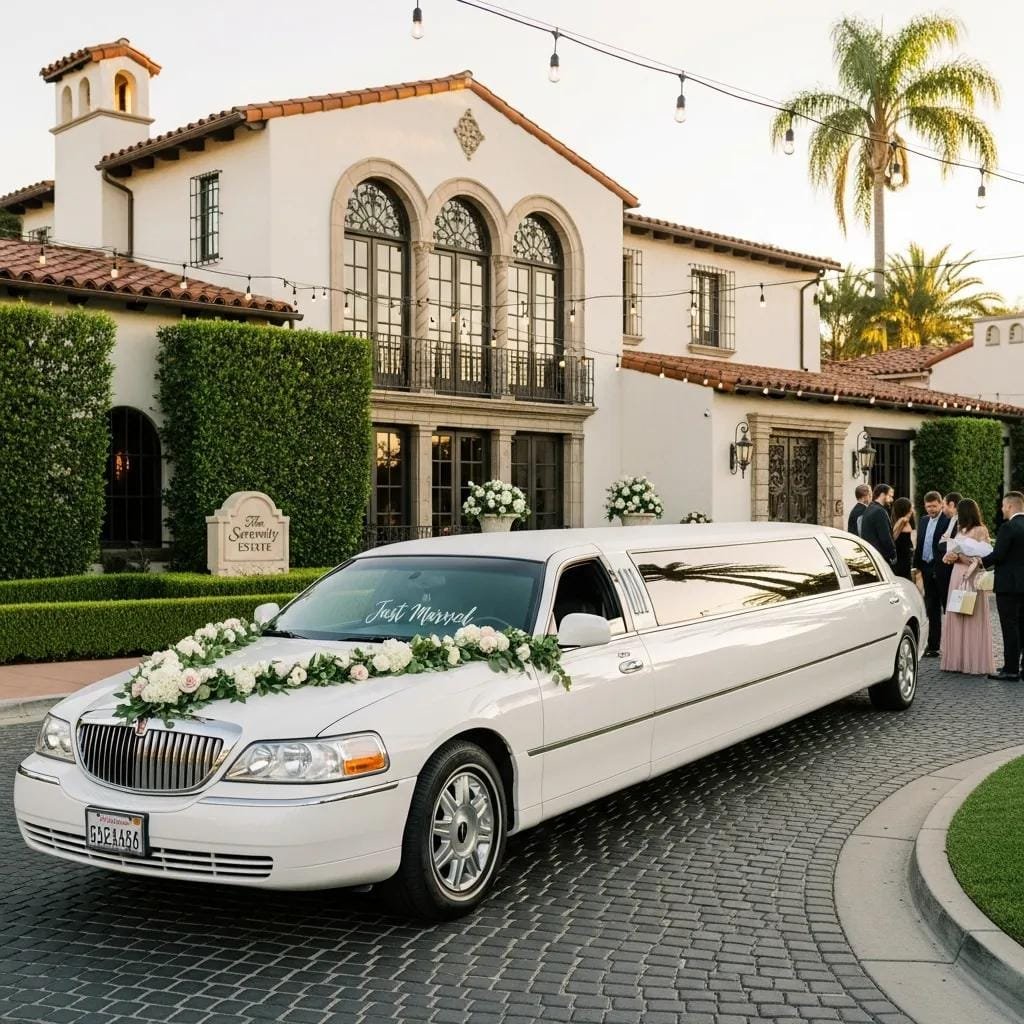 Luxury limousine outside a wedding venue in Orange County, emphasizing elegant transportation for special occasions