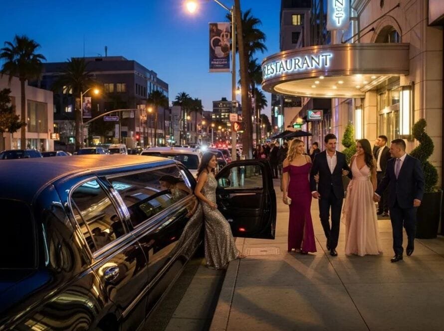 Luxury limousine outside an upscale restaurant in Orange County, representing premium nightlife experiences