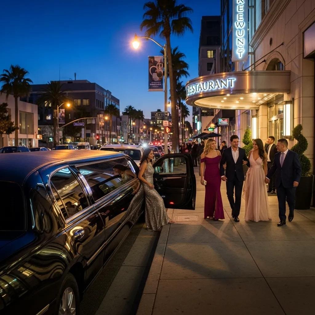 Luxury limousine outside an upscale restaurant in Orange County, representing premium nightlife experiences