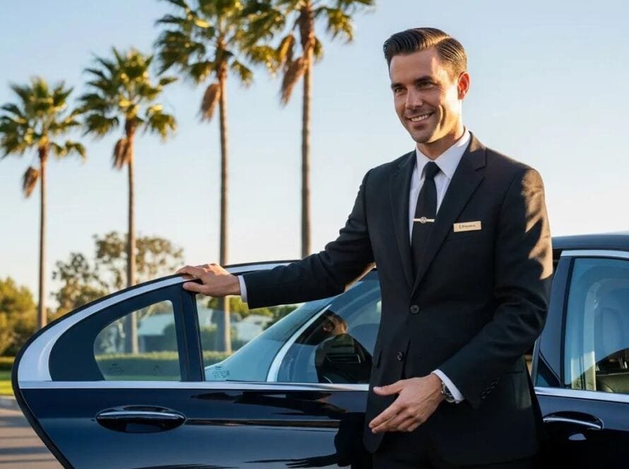 Luxury private chauffeur service in Orange County with a professional chauffeur and high-end sedan