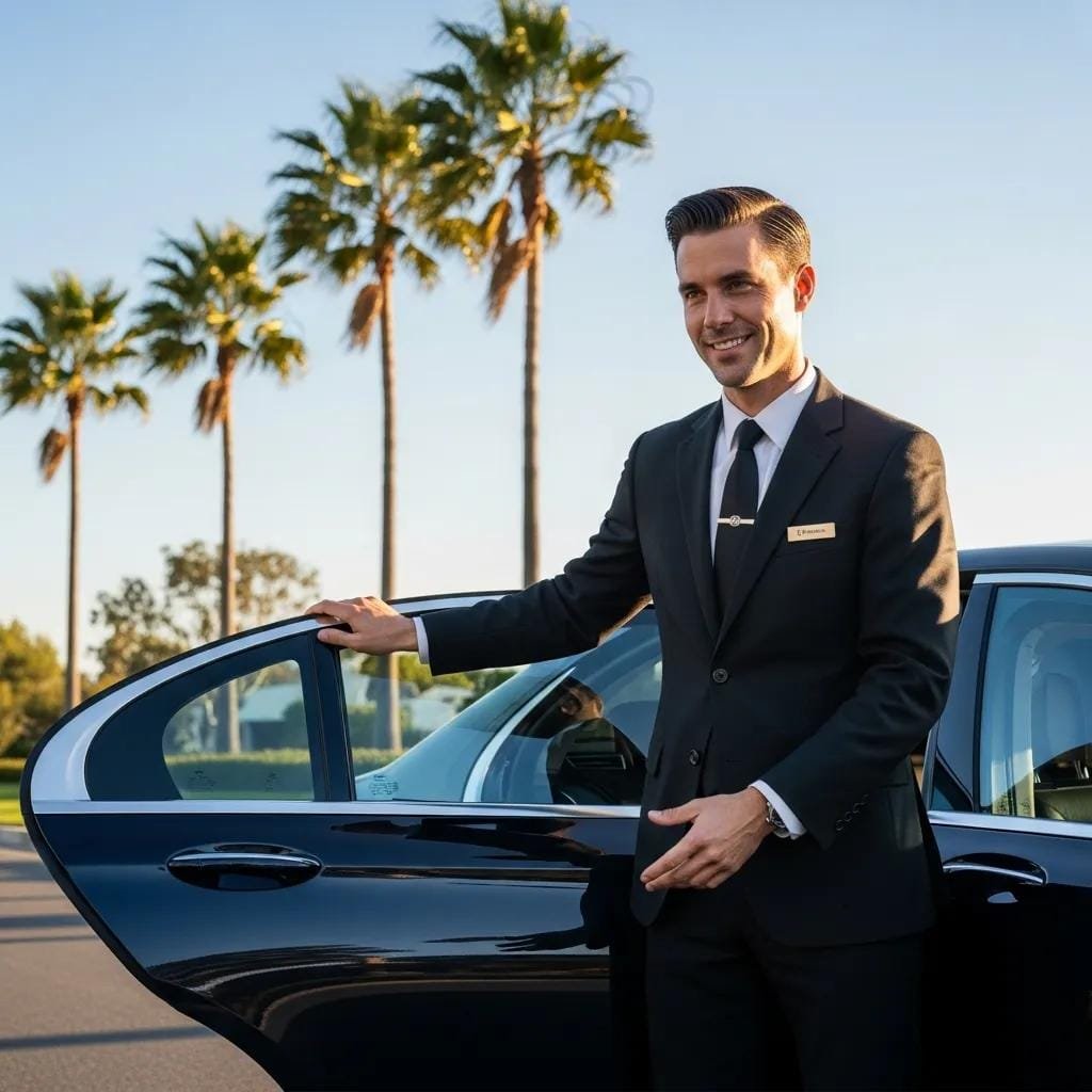 Luxury private chauffeur service in Orange County with a professional chauffeur and high-end sedan