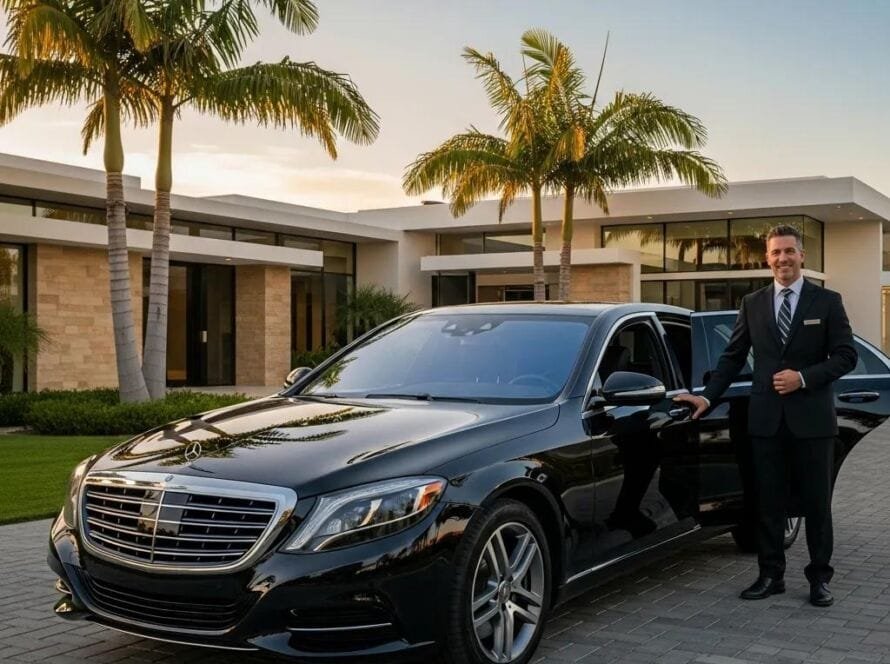 Luxury sedan for executive transportation in Orange County, emphasizing high-end real estate showings