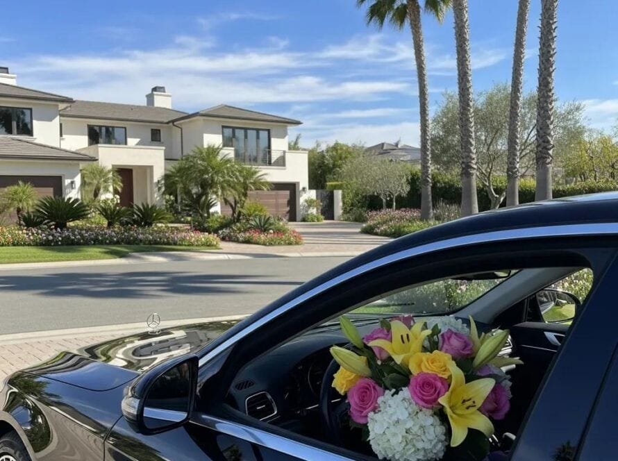 Luxury sedan for Mother's Day transportation with flowers inside, representing premium car service