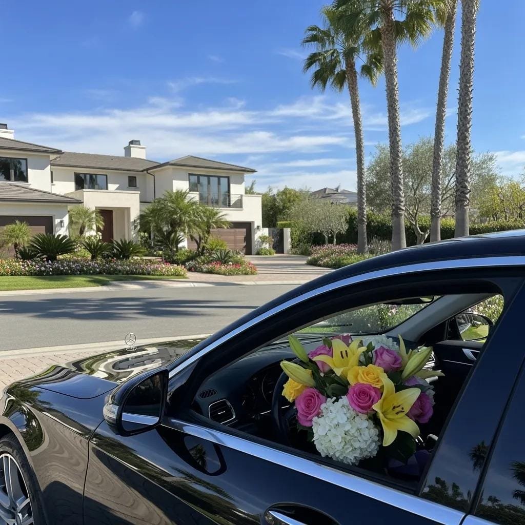 Luxury sedan for Mother's Day transportation with flowers inside, representing premium car service