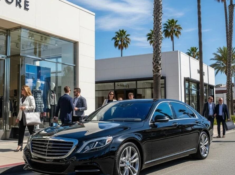 Luxury sedan in front of a boutique, highlighting upscale shopping experience in Orange County
